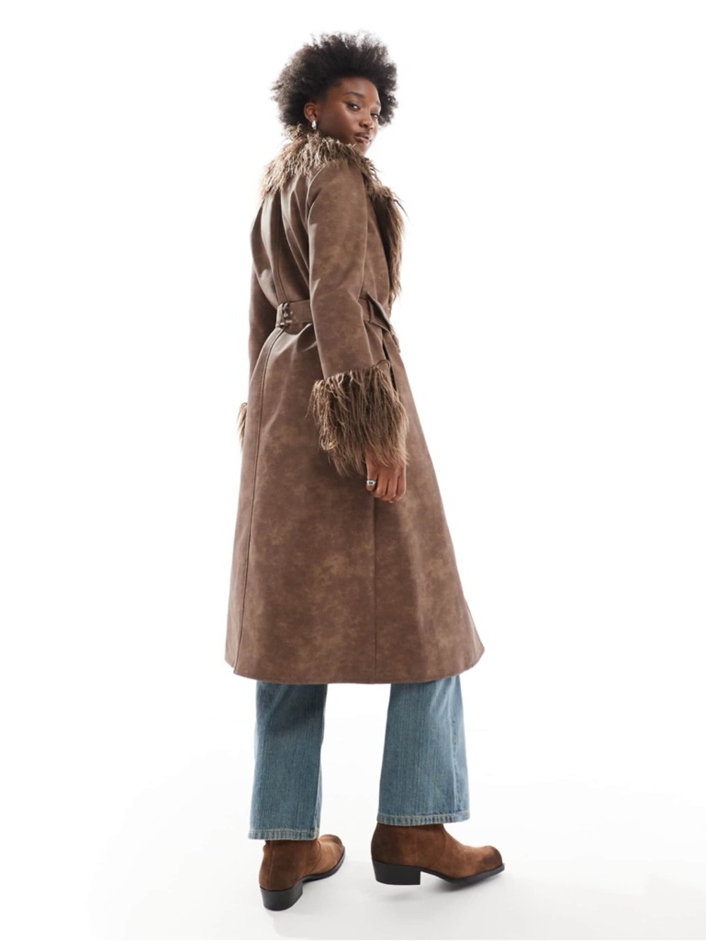 Reclaimed Vintage Brown Faux-Suede Trench Coat with Faux-Fur Trim - Picture 3 of 10